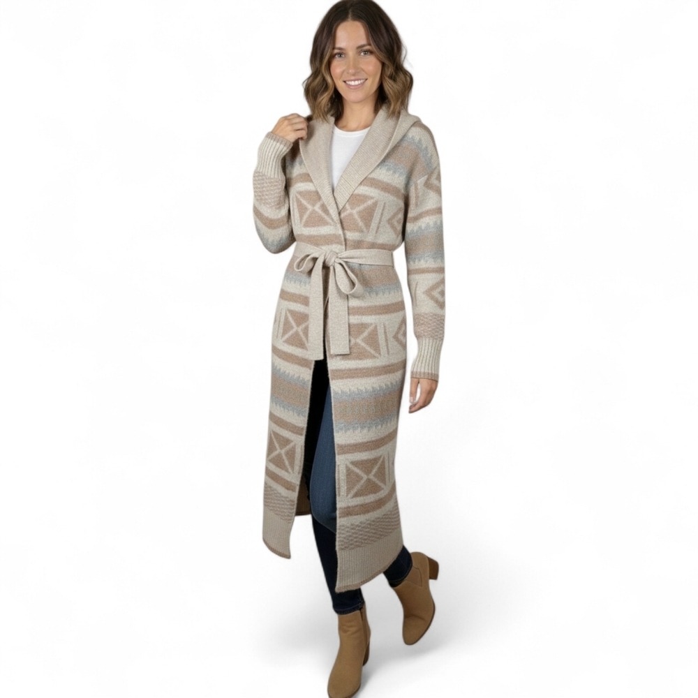 London Kaye Southwestern Belted Longline Cardigan Sweater Coat Cream Gray S/M